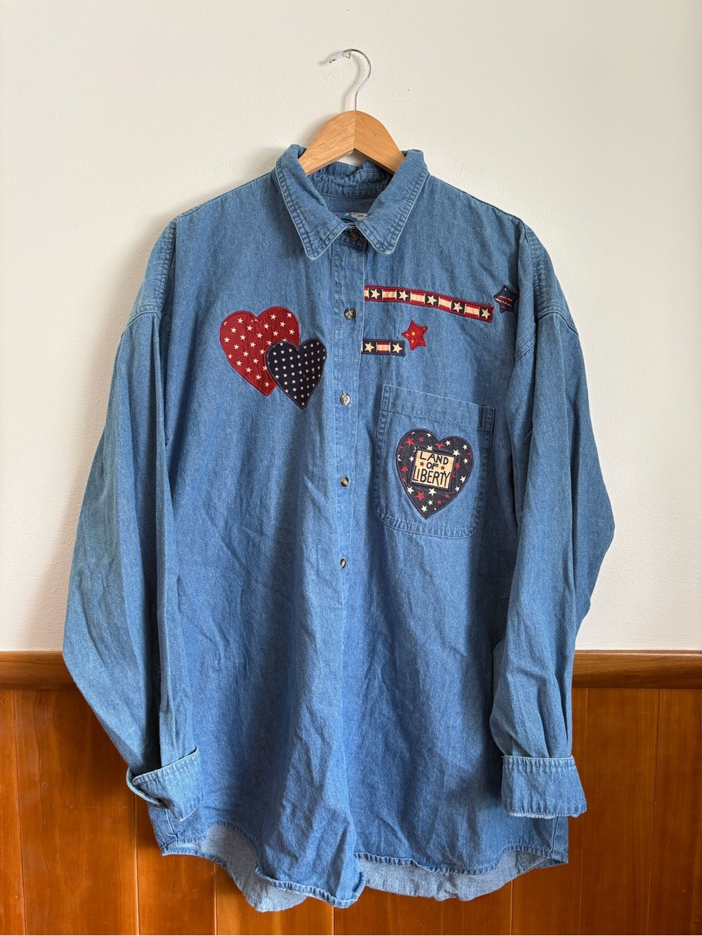 Denim Button-Up Shirt with Patriotic Heart Patches 2XL